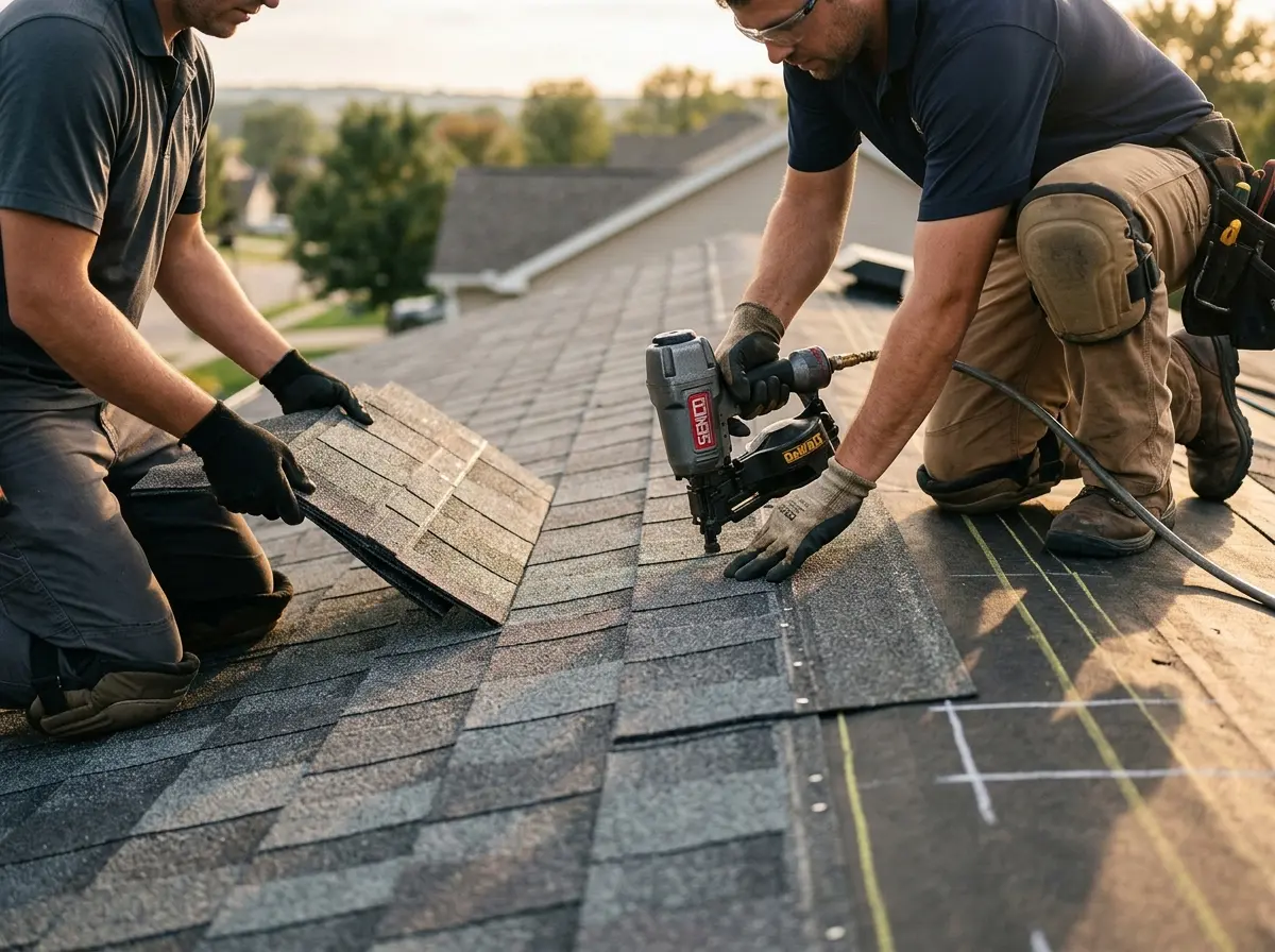 Professional roofer working on a residential roof in Malden